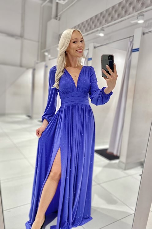 Sukienka długa brokat odcięcie długi rękaw fiolet