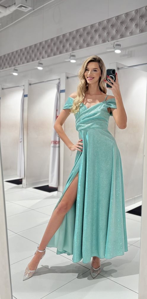 Sukienka długa opadające ramiona brokat mięta