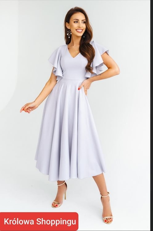 sukienka midi gładka rękaw falbanki szara