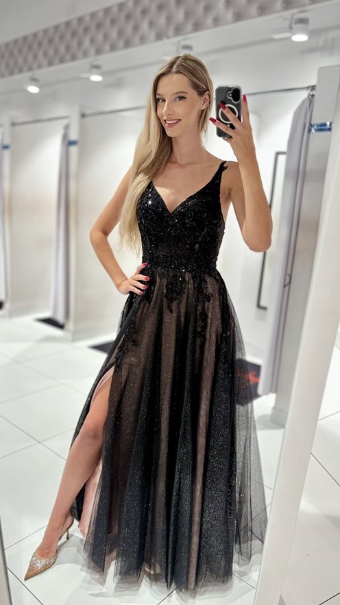 Sukienka długa zdobienia brokat czerń spód p.róż