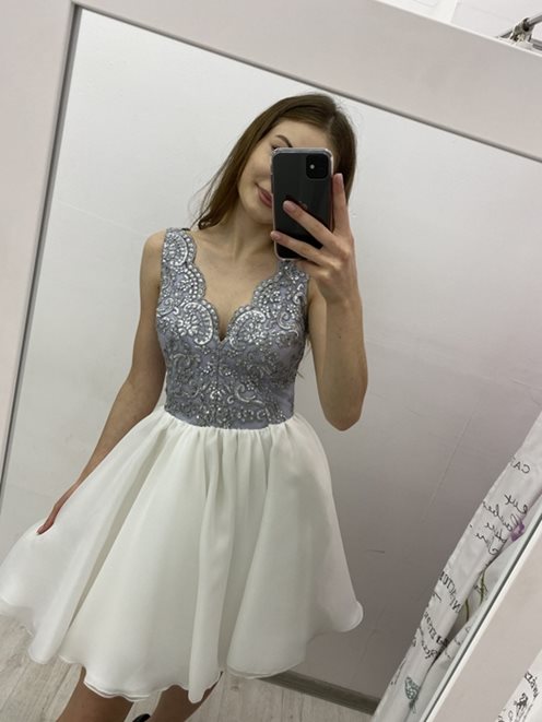 Sukienka krótka koronkowa góra szary/biały