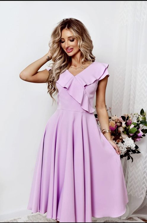 Sukienka midi falbanki na rękawach lilia