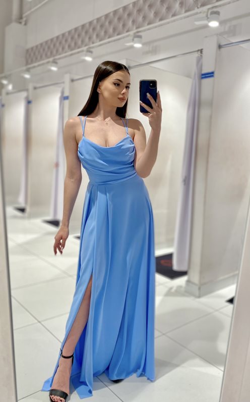 Sukienka długa dekolt woda wiązanie tył błękit