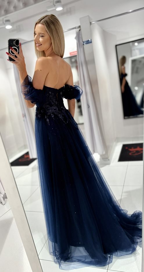 Sukienka długa tiul zdobiony gorset brokat granat