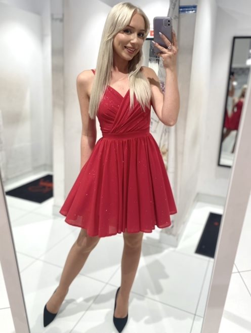 Sukienka krótka ramiączka brokat fuksja