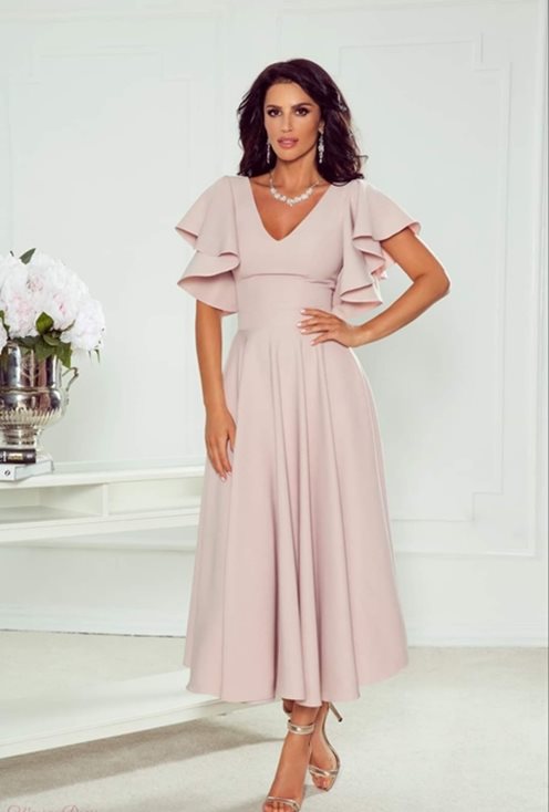 Sukienka midi gładka rękaw falbanki róż