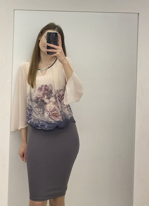 Sukienka długi rękaw kwiaty róż-brąz