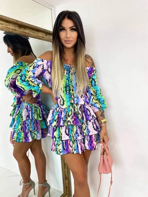 Sukienka krótka hiszpanka z 3 falbankami fiolet