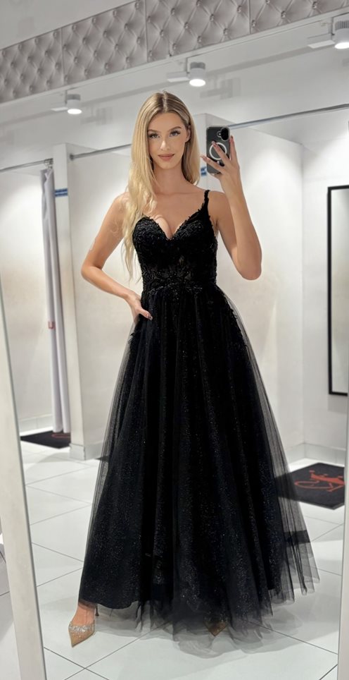 Sukienka długa tiulowa ramiączka liście czerń