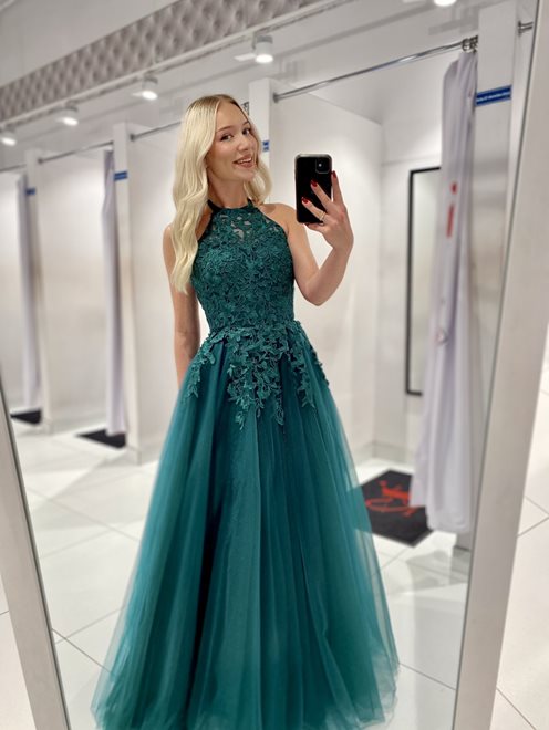 Długa sukienka princeska hafty wiązanie szyja ziel