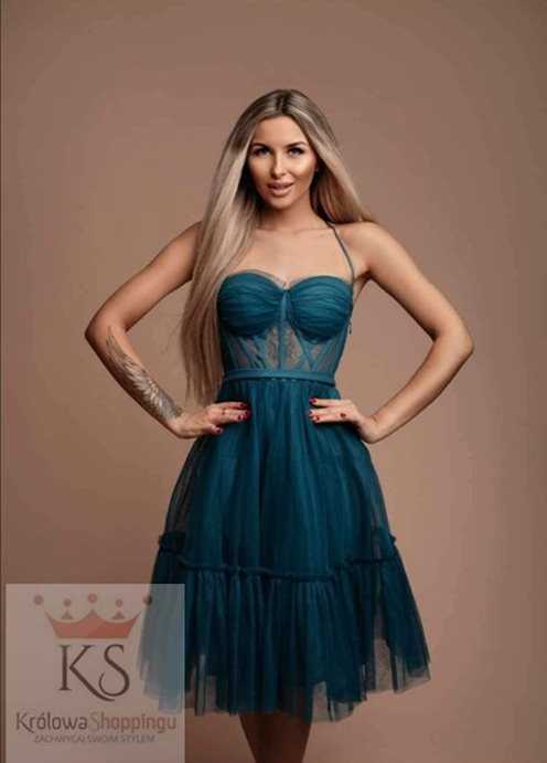 Sukienka midi gorsetowa tiul ramiączka turkus