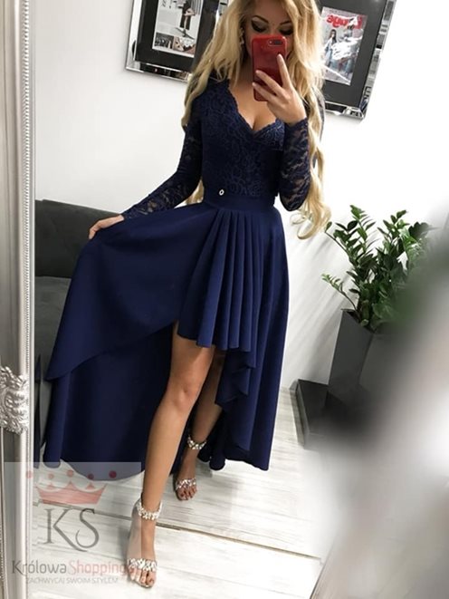 Sukienka asymetryczna długi rękaw koronkowy granat