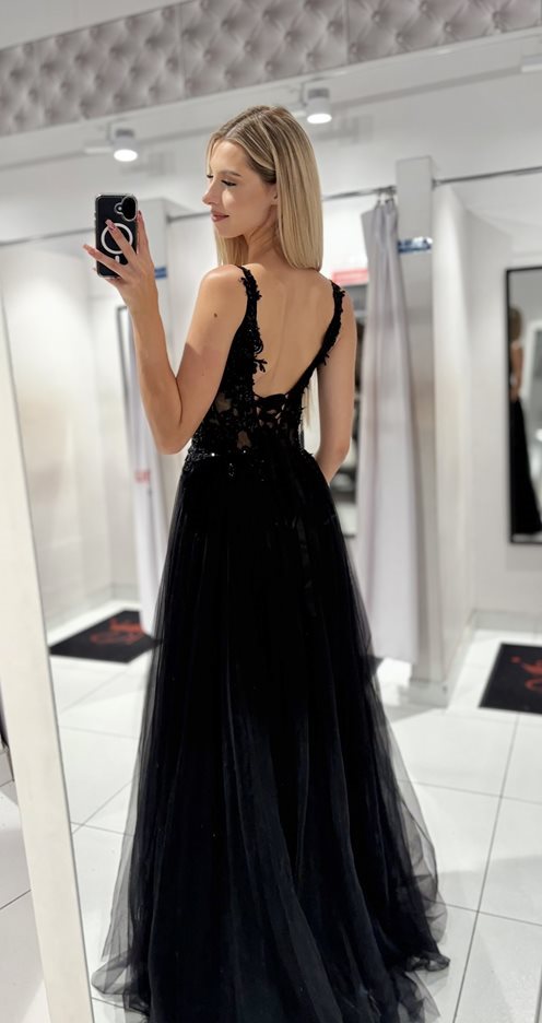 Sukienka długa tiulowa gorset koronka czerń