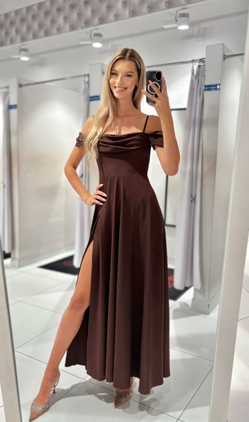 Sukienka długa hiszpanka dekolt woda mat czekolada