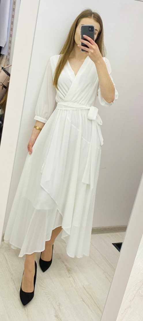 Sukienka długa zwiewna z gumką i rękawkiem biel