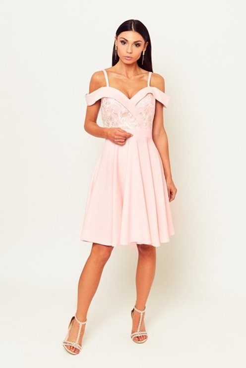 Sukienka na ramiona koronka róż-biały