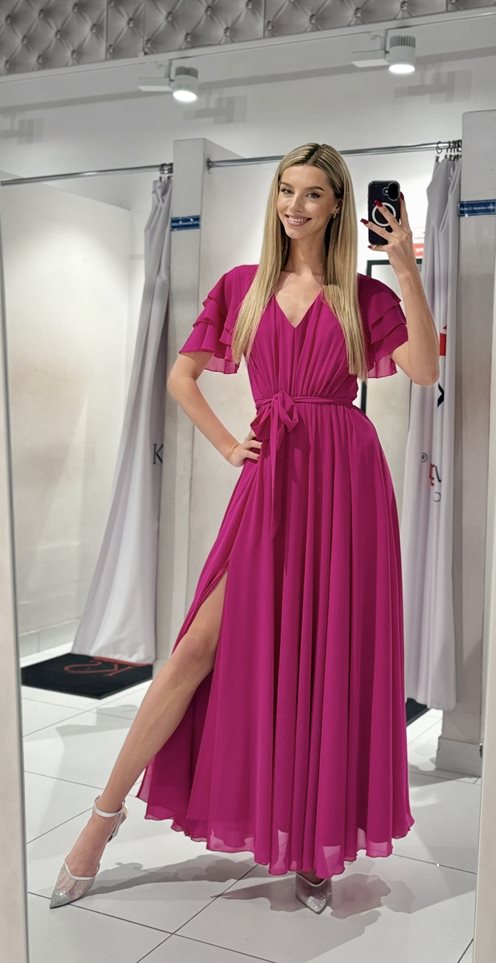 Sukienka długa szyfon rękawek falbanka fuksja