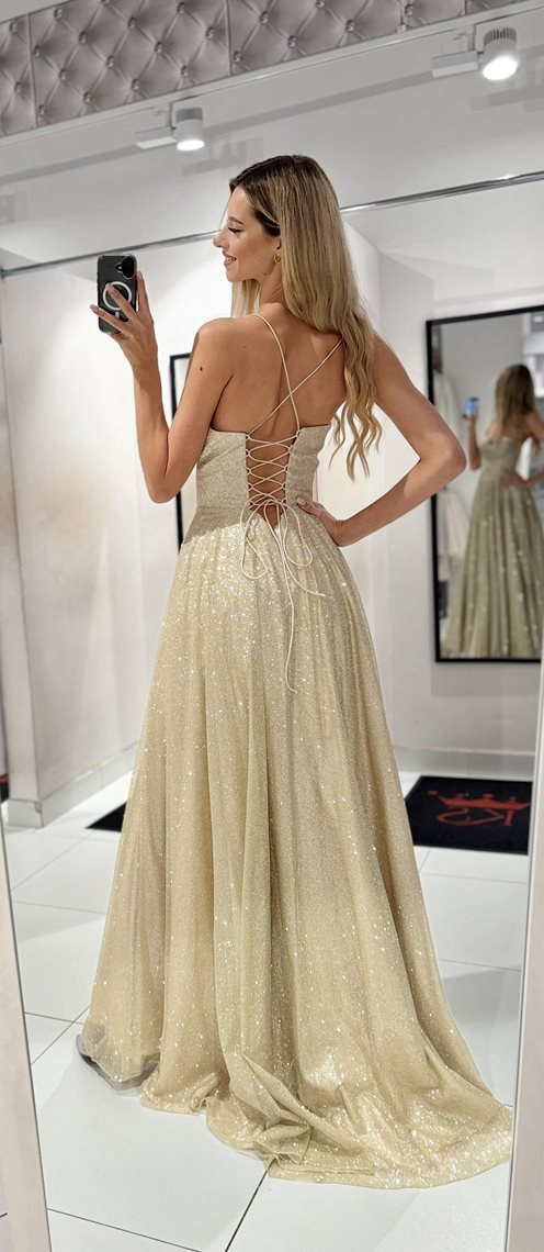 Sukienka długa gorset wiązane plecy brokat szampan