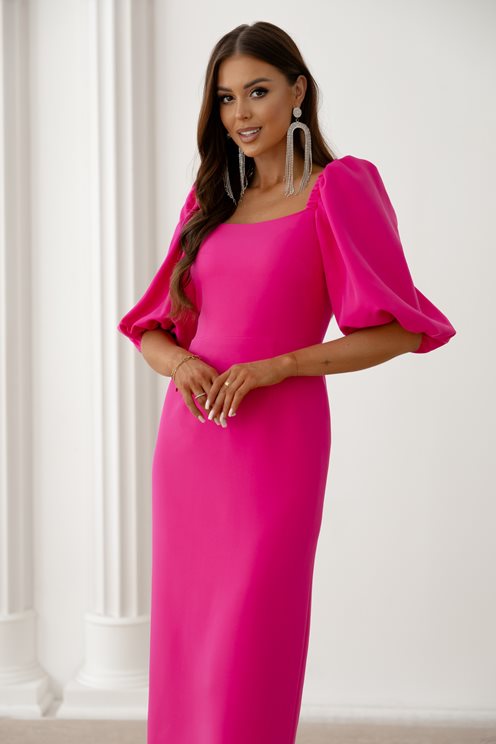 Sukienka midi prosta bufiaste rękawki fuksja