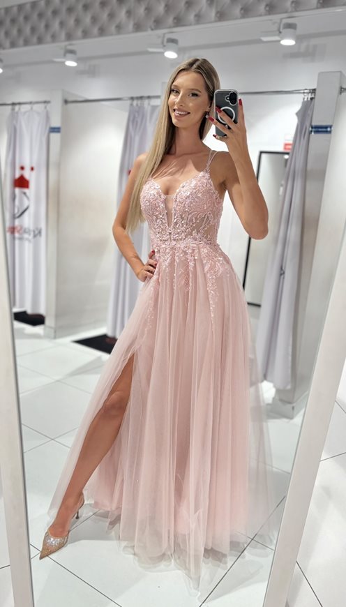 Sukienka długa tiul cekiny gorset pudrowy róż