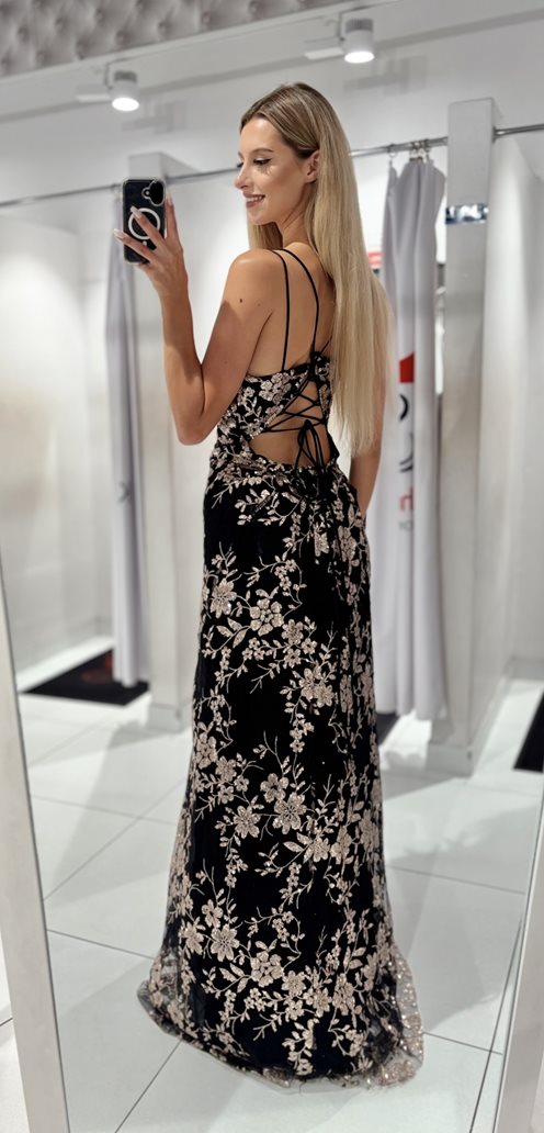 Sukienka długa z brokatem wiązanie plecy czerń