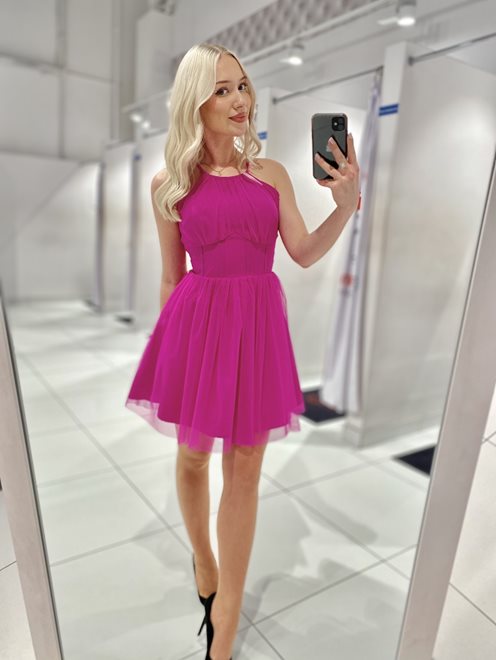 Sukienka krótka szyja wiązanie pas tiul fiolet