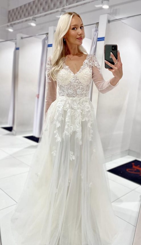 Sukienka długa rękawek tiul zdobione kwiaty ecru