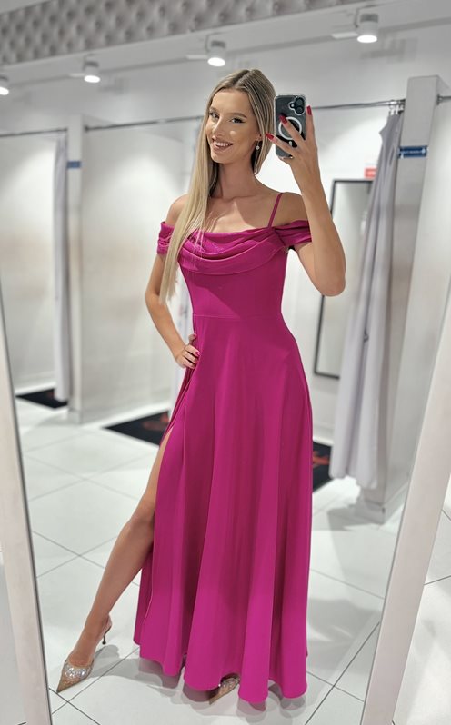 Sukienka długa hiszpanka dekolt woda błysk fuksja
