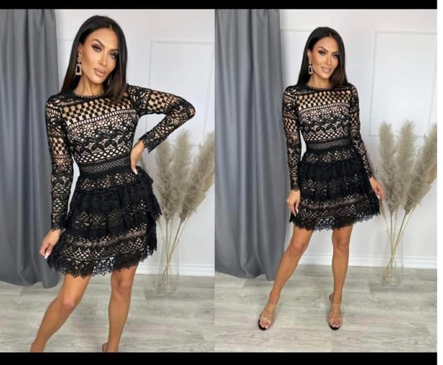 Sukienka krótka cała z koronki beż-czarna