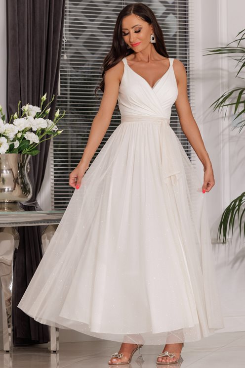 Sukienka długa prosta z tiulem błysk ecru