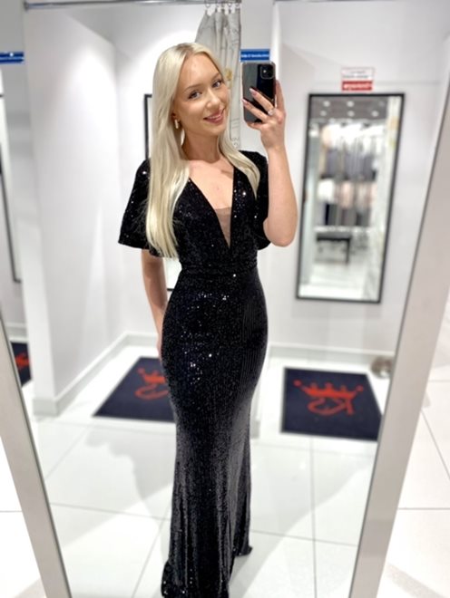 Sukienka długa cekinowa rękawek motylek czarna