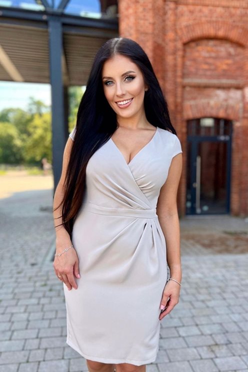 Sukienka krótka z zakładanym dekoltem beż