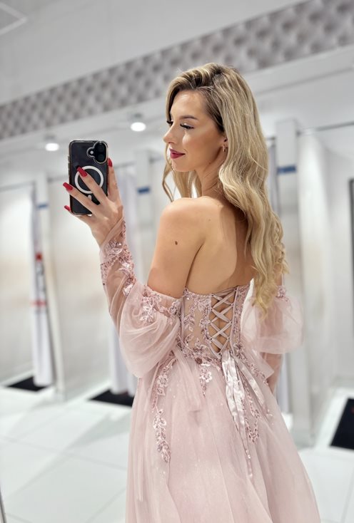 Sukienka długa tiul rękawek gorset puder róż