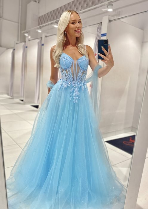 Sukienka długa gorset tiul błysk błękit