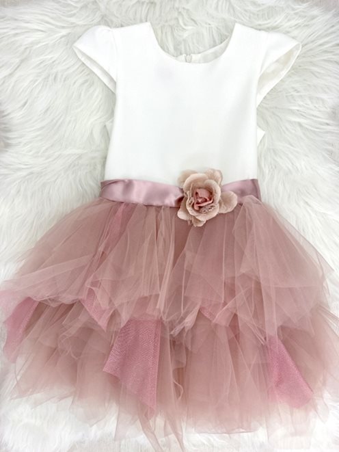 Sukienka ozdobny pasek tiul biel/brudny róż