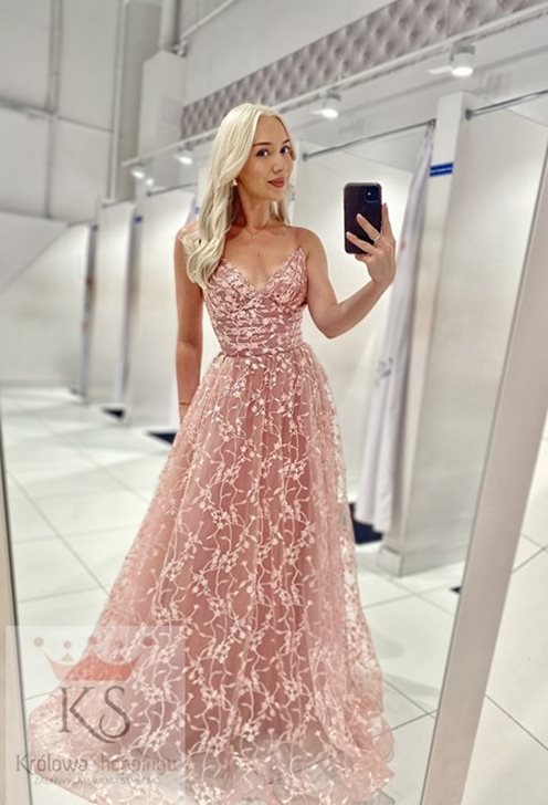 Sukienka długa wzór kwiat naszywany wrzos