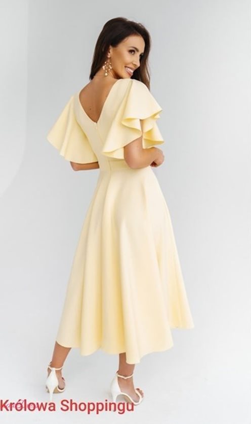 Sukienka midi gładka rękaw falbanki żółta