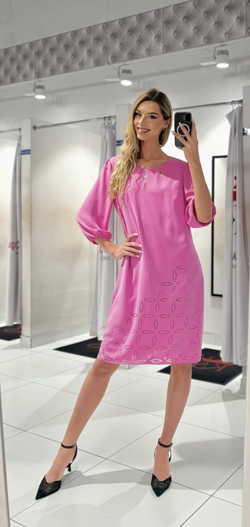 Sukienka krótka prosta delikatnie zdobiona róż