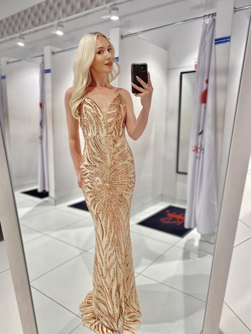 Sukienka długa o kroju rybki z cekinami złoto