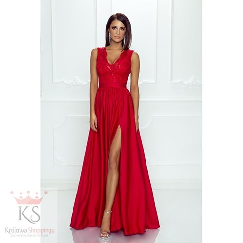 Sukienka długa koronkowy dekolt czerwony