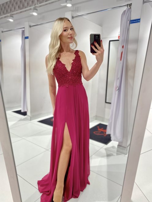 Sukienka długa zdobiona góra szyfon fuksja