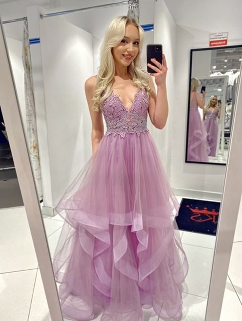 Długa sukienka tiul falbany na ramiączkach lilia