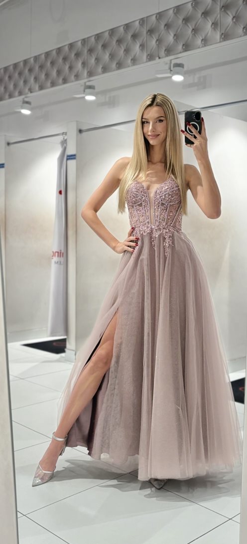 Sukienka długa gorset tiul brokat p.róż