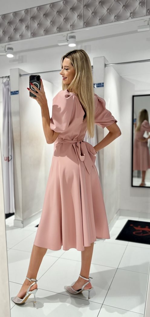 Sukienka midi bufiaste rękawki pudrowy róż