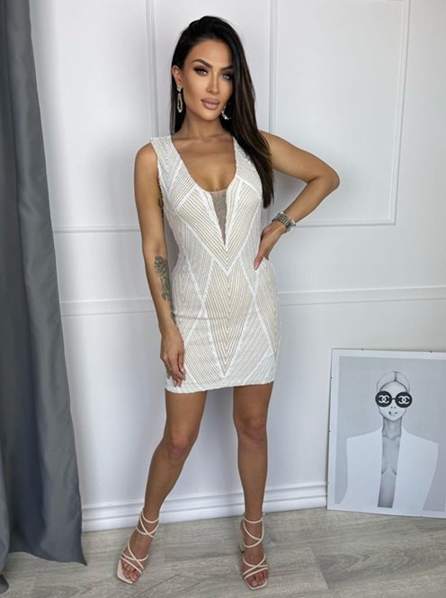 Sukienka krótka siatka na dekolcie cekiny beż