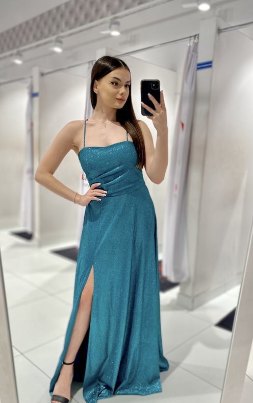 Sukienka długa na ramiączkach wiązana brokat ziele