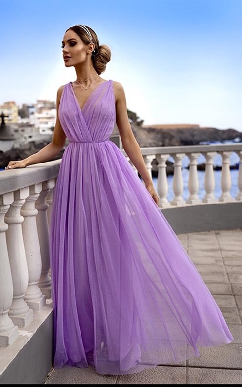 Sukienka długa tiulowa błyszcząca ramiączka lila