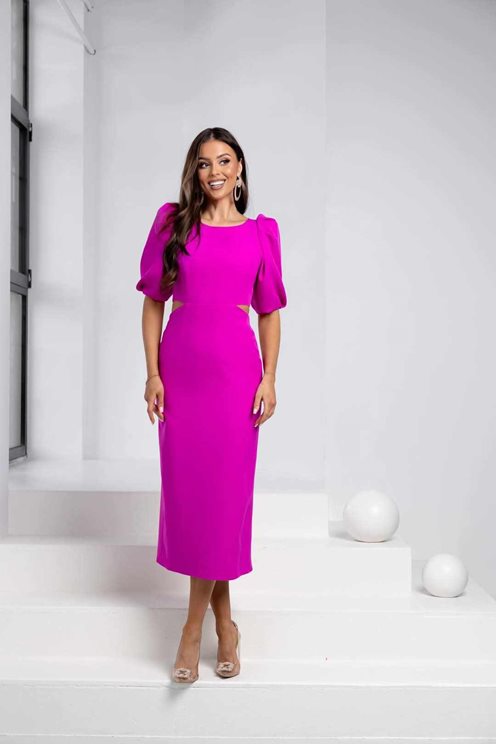 Sukienka midi bufiaste rękawy wycięcia fuksja