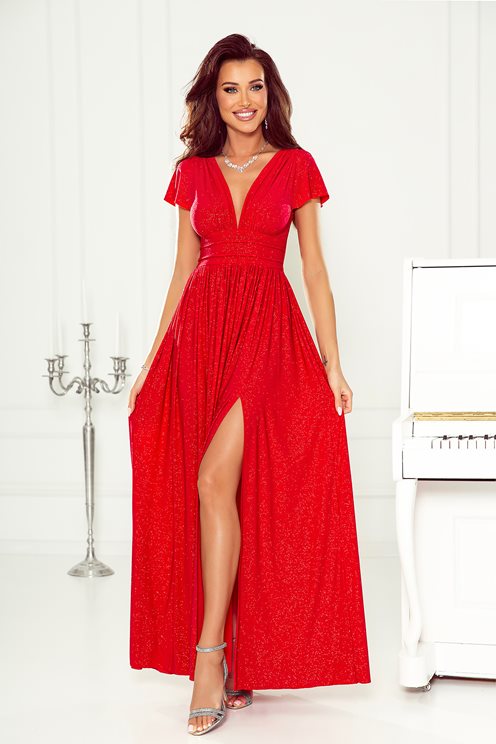 Sukienka długa brokat odcięcie i rękawek czerwień