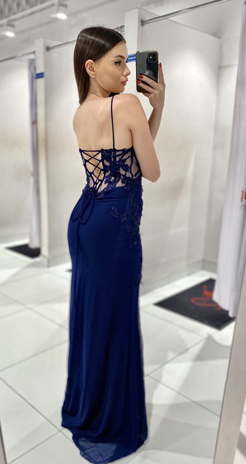 Sukienka długa gorset haftowane kwiaty granat